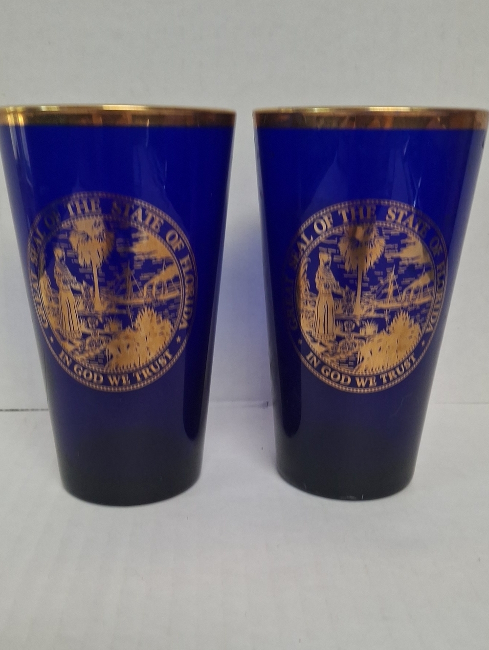 Vintage Cobalt Blue Florida State Seal Highball Glasses (Set of 2) ✨